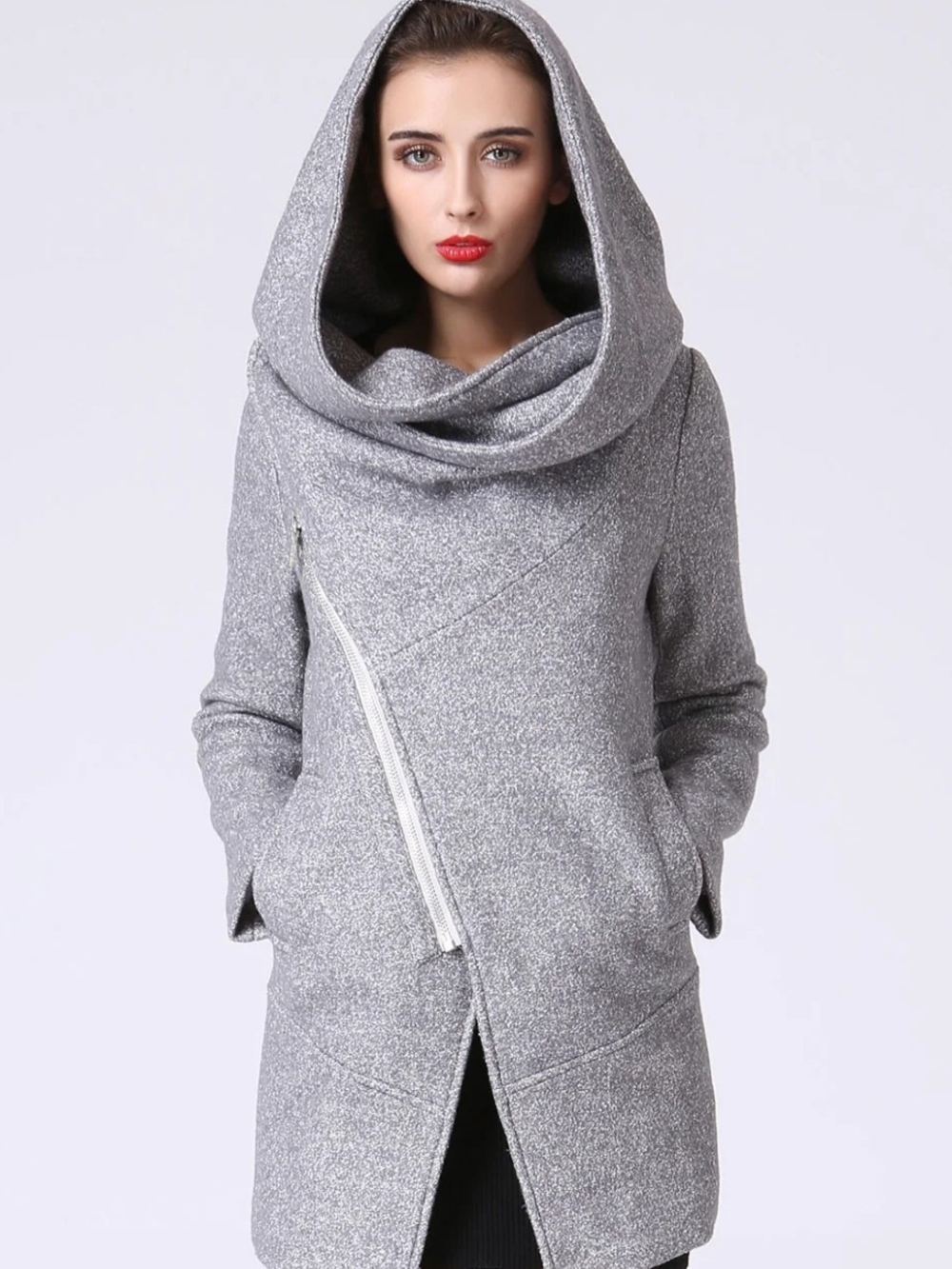 Women's Gray Hooded Asymmetrical Zip Coat
